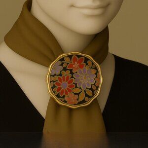 Scarf Clip - Colorful Gold tone Floral Design Pendant 1.5" Women's Accessories